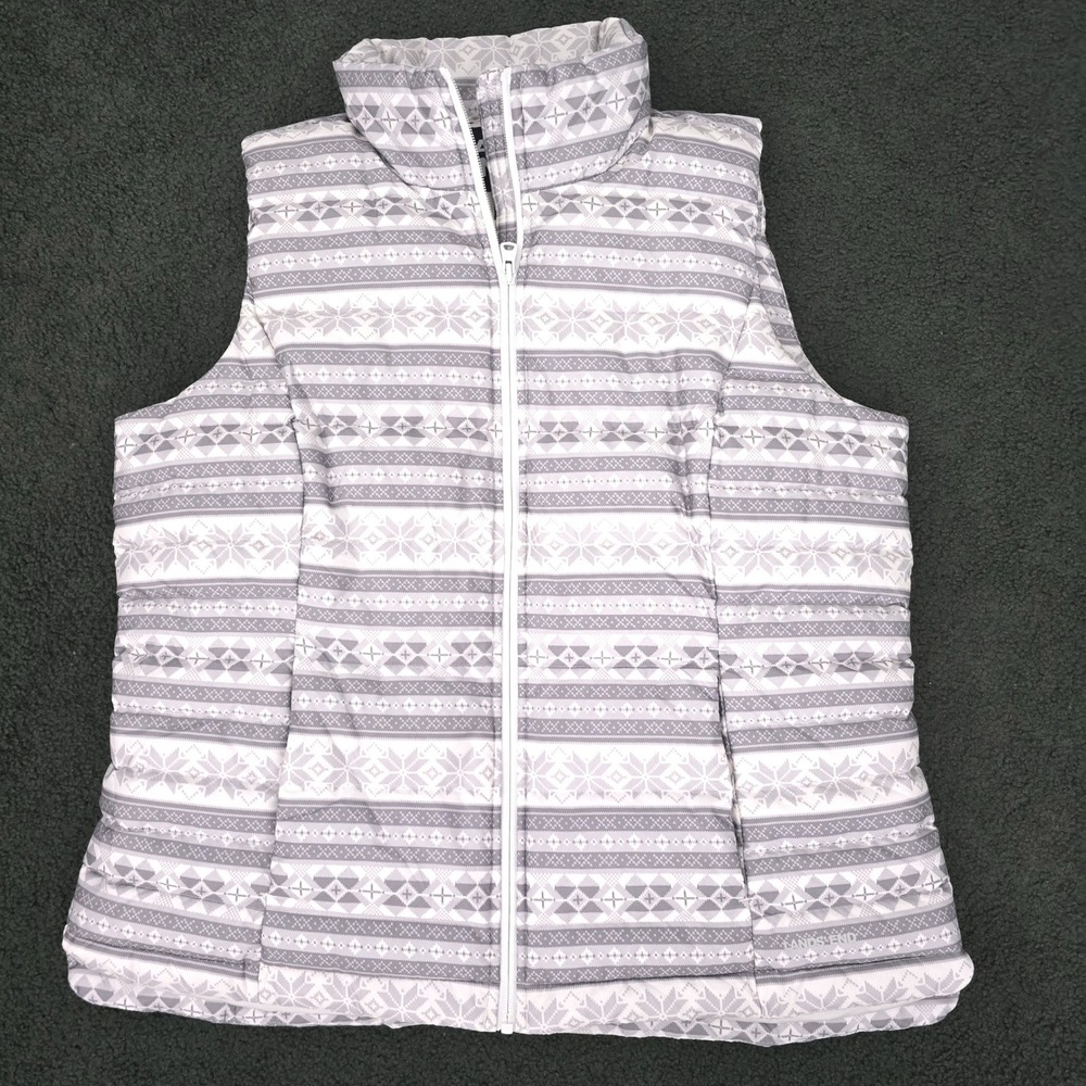 Lands' End Womens Grey White Fair Isle Down Puffer Vest Size L 14-16 Zip Up